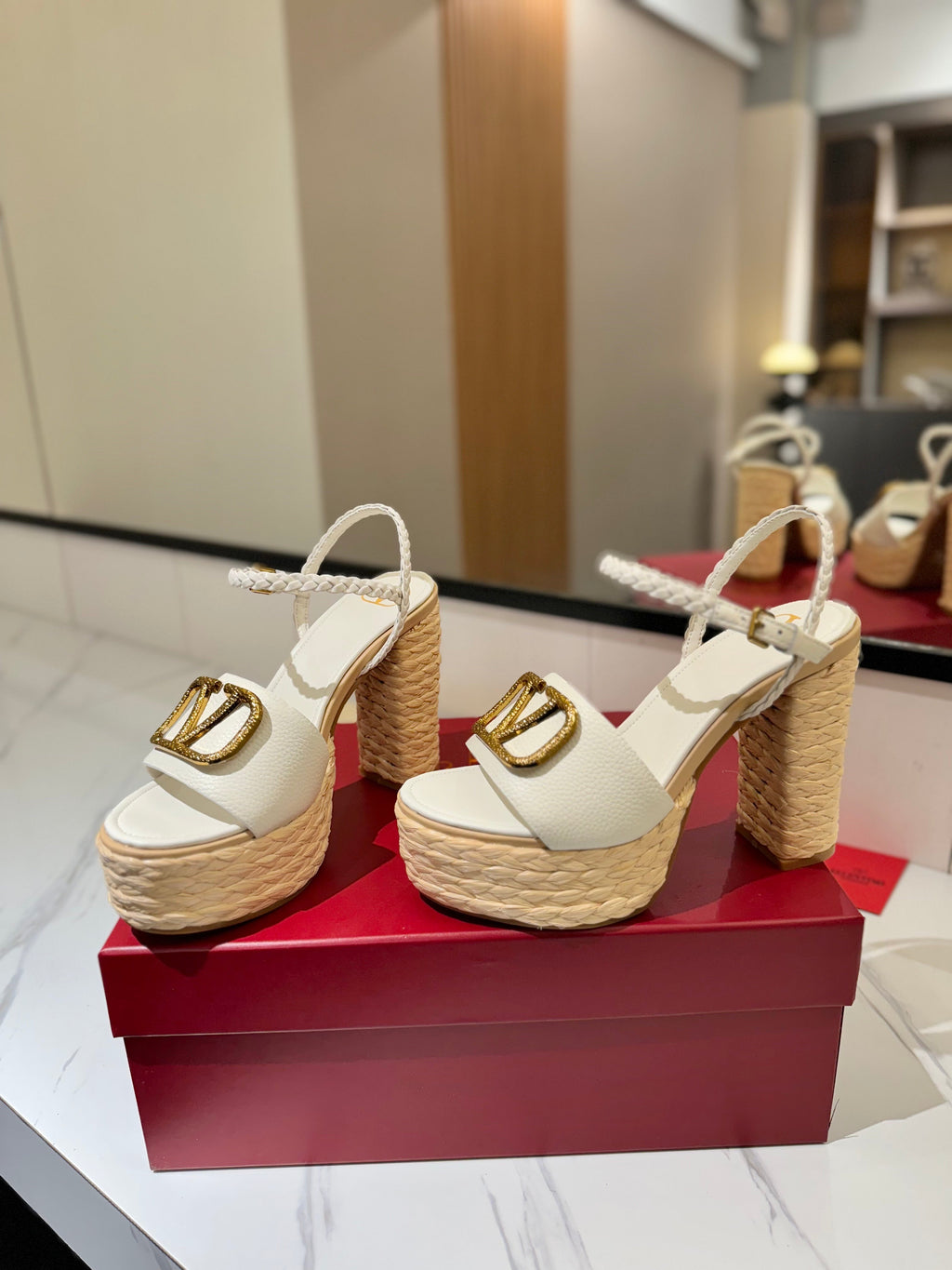 VLTN ESPADRILLE WEDGE SANDALS 25S 115 MM IN WHITE LAMBSKIN WITH GOLD HARDWARE