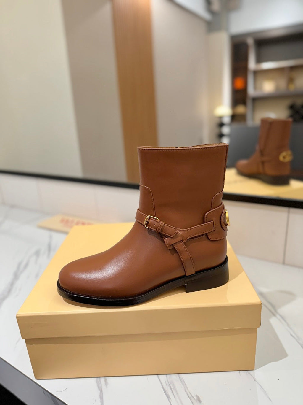 VALENTINO 25S PATTIE ANKLE BOOTS IN BROWN CALFSKIN WITH GOLD HARDWARE