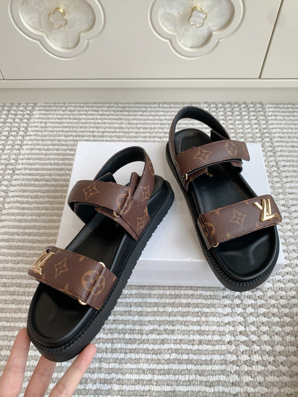 LOUIS VUITTON LV SANDALS 25S IN BROWN MIX BLACK CALFSKIN WITH GOLD HARDWARE