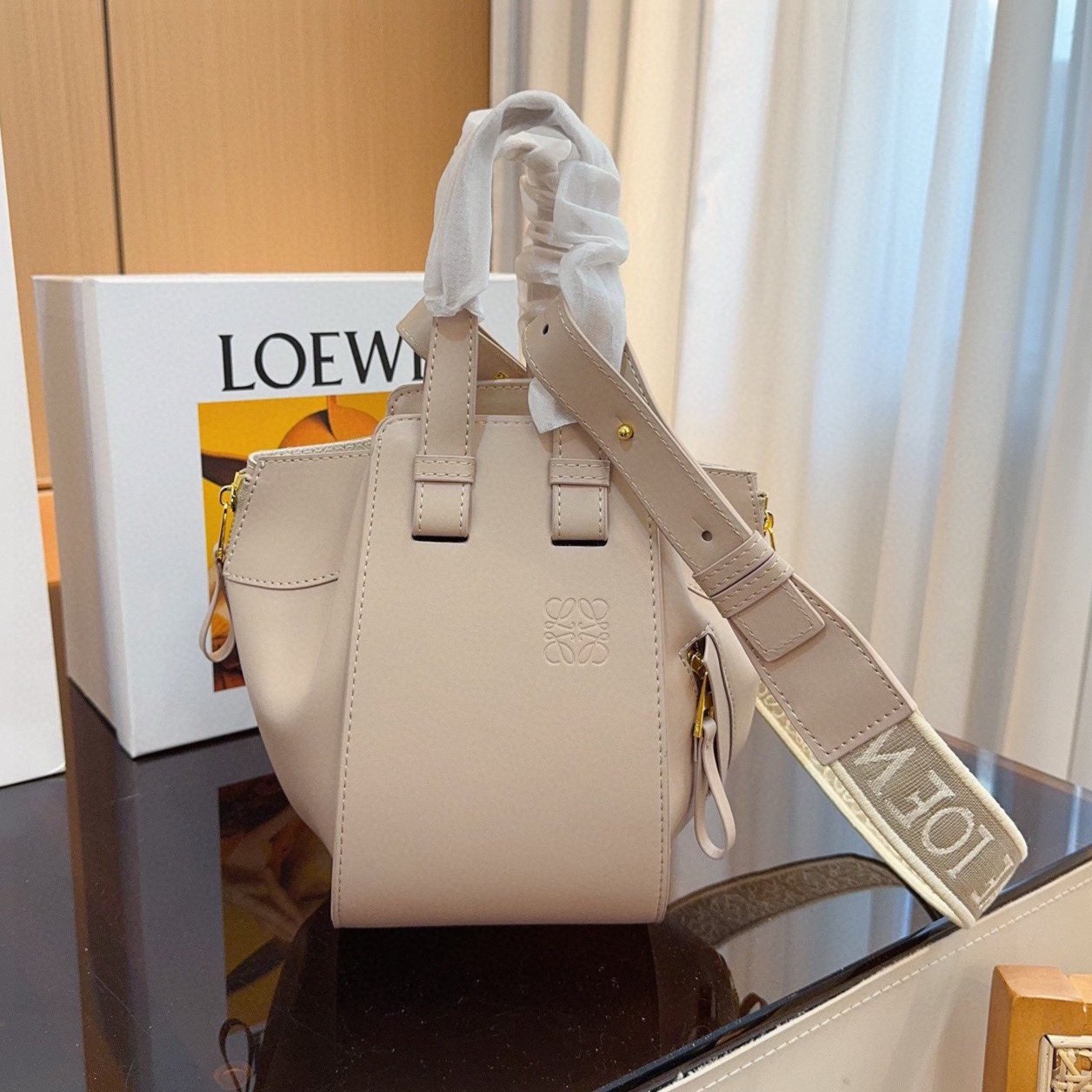 LOEWE LOE 23 COMPACT HAMMOCK BAG IN SAND SATIN CALFSKIN