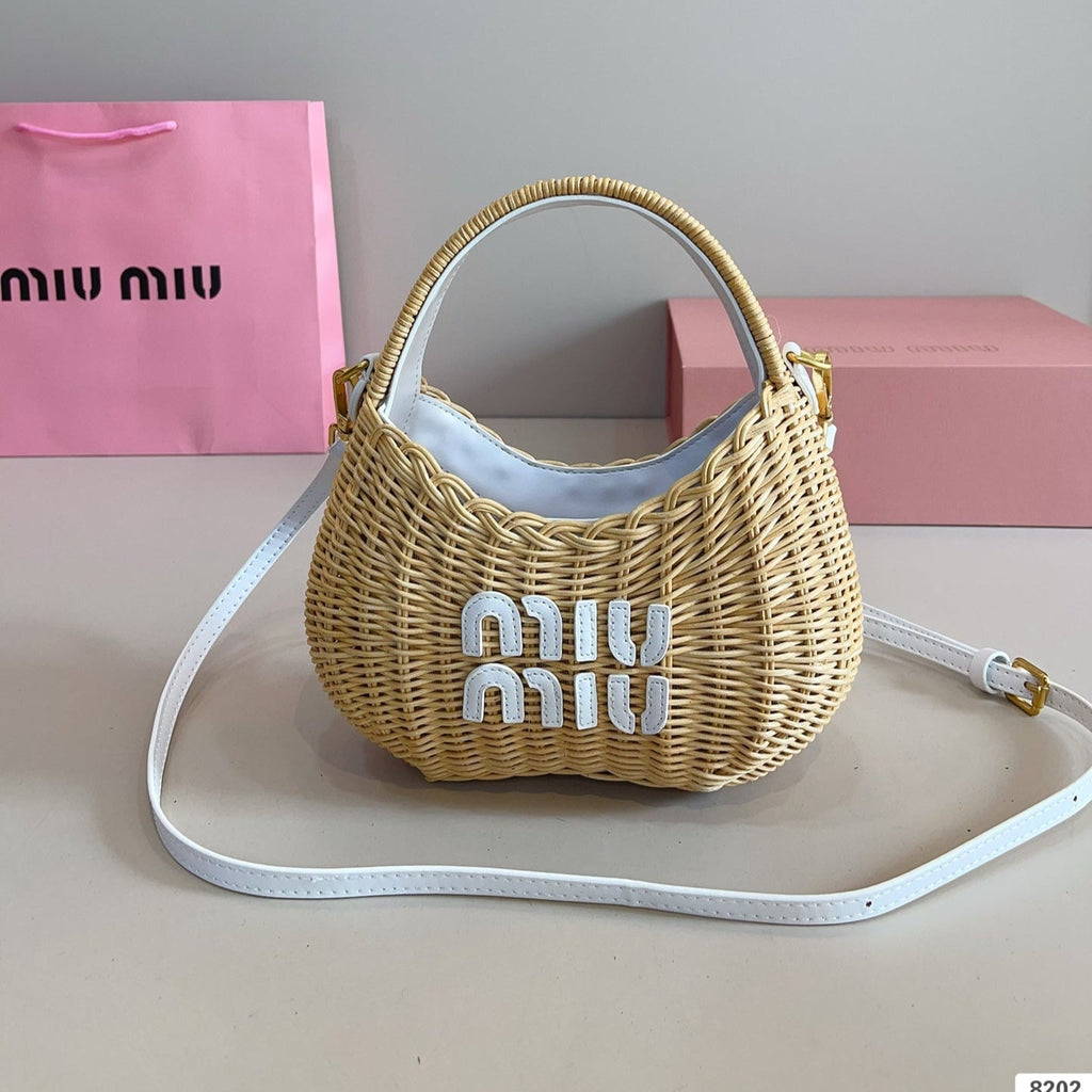MIU MIU WANDER WICKER HOBO BAG 13 IN TAN BROWN HANDWOVEN WITH WHITE CALFSKIN LOGO