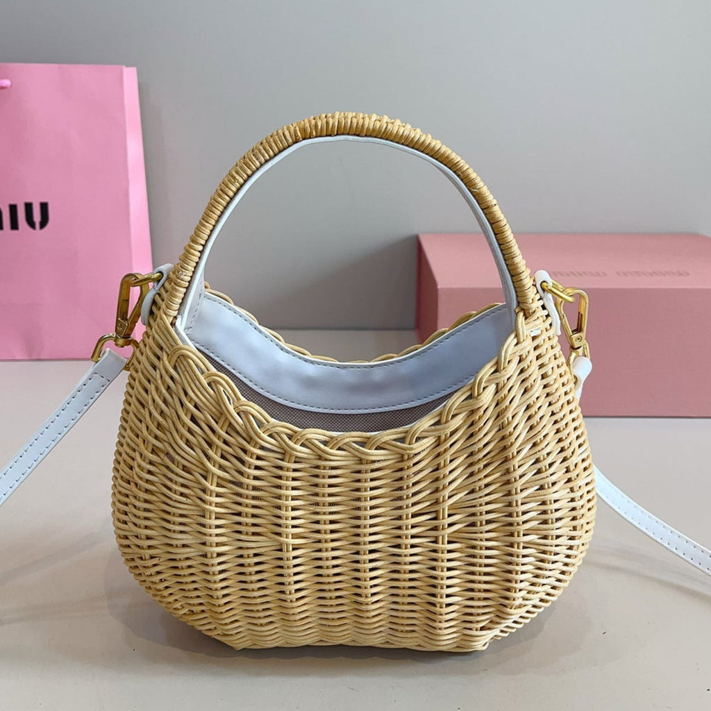 MIU MIU WANDER WICKER HOBO BAG 13 IN TAN BROWN HANDWOVEN WITH WHITE CALFSKIN LOGO