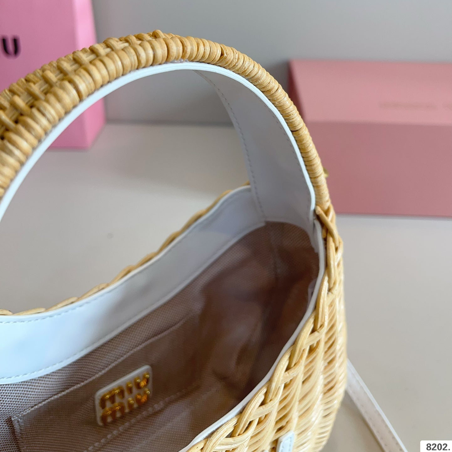 MIU MIU WANDER WICKER HOBO BAG 13 IN TAN BROWN HANDWOVEN WITH WHITE CALFSKIN LOGO