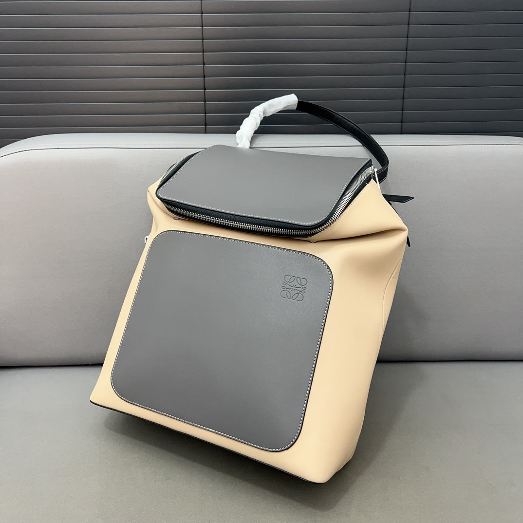 LOEWE LOE GOYA BACKPACK 41 IN BLACK MIX BEIGE GRAINED CALFSKIN