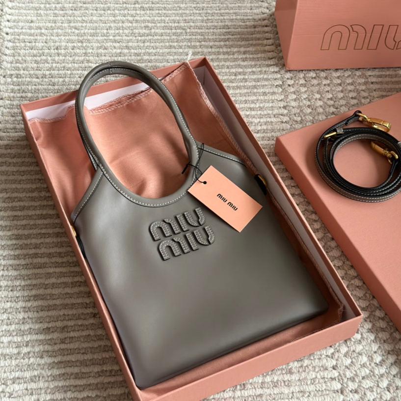 MIU MIU IVY SMALL TOTE BAG 22 IN GRAY CALFSKIN