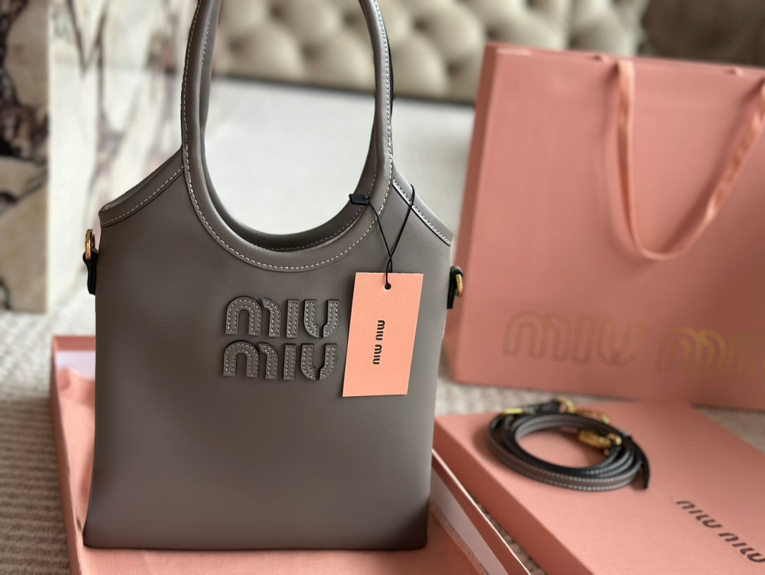 MIU MIU IVY SMALL TOTE BAG 22 IN GRAY CALFSKIN