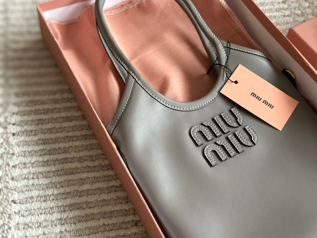 MIU MIU IVY SMALL TOTE BAG 22 IN GRAY CALFSKIN