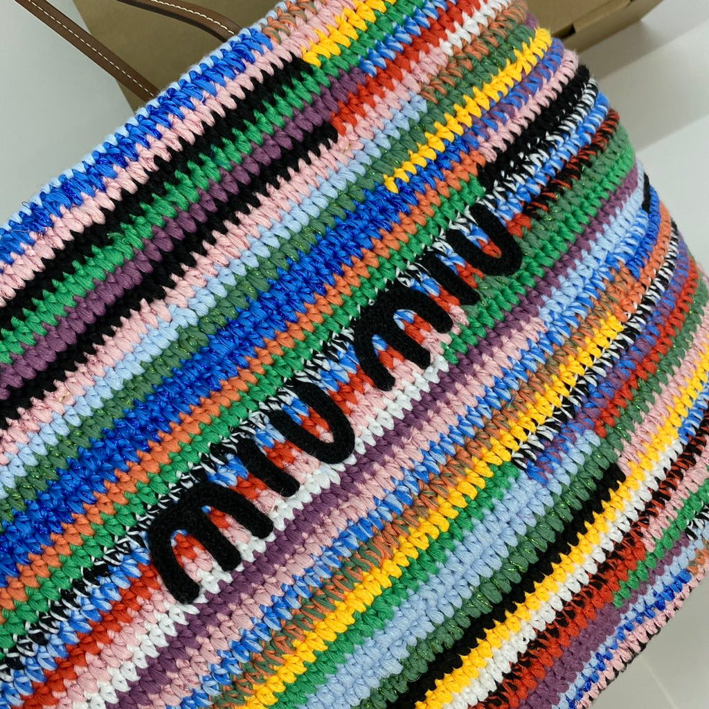 MIU MIU LARGE SHOPPING BAG 40 IN COLORFUL WOOL AND LEATHER STRAP