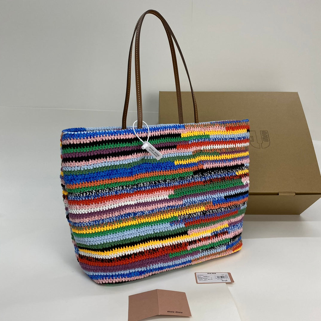 MIU MIU LARGE SHOPPING BAG 40 IN COLORFUL WOOL AND LEATHER STRAP