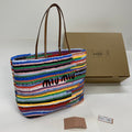 MIU MIU LARGE SHOPPING BAG 40 IN COLORFUL WOOL AND LEATHER STRAP