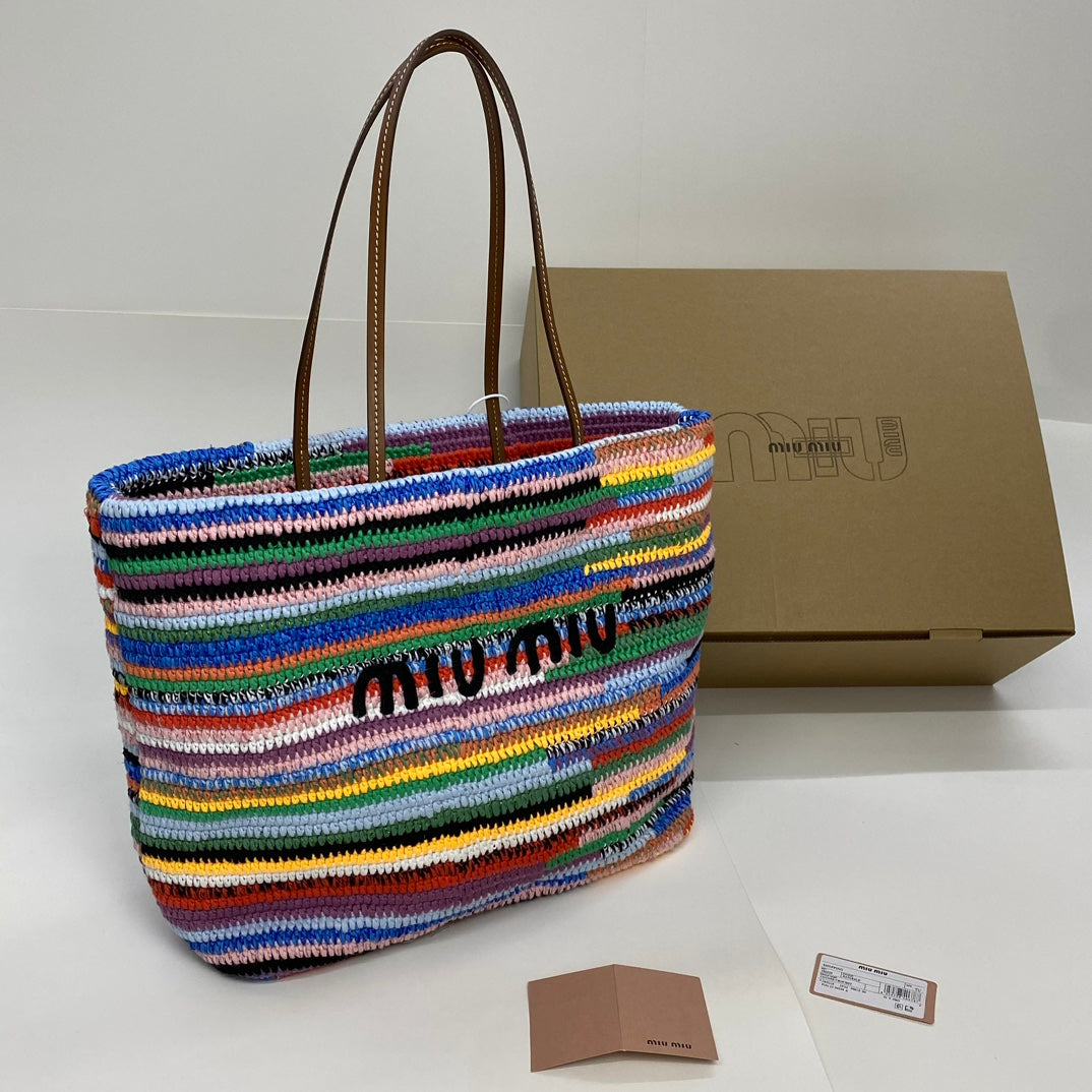 MIU MIU LARGE SHOPPING BAG 40 IN COLORFUL WOOL AND LEATHER STRAP