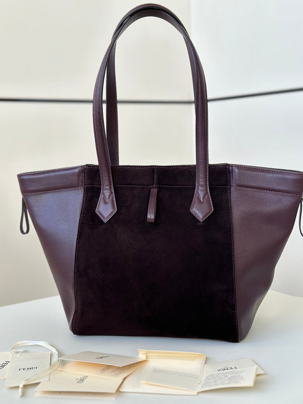 FENDI ORIGAMI MEDIUM 27 IN WINE RED LAMBSKIN AND SUEDE