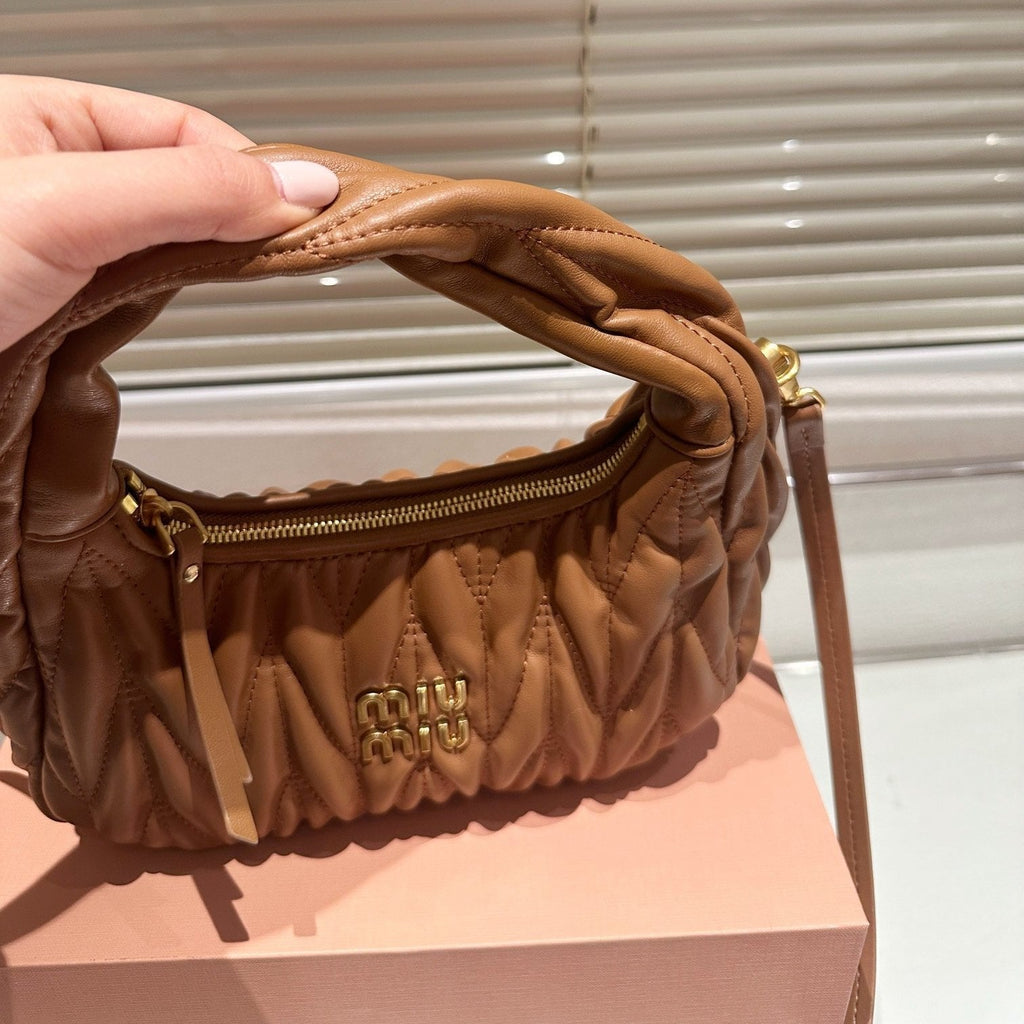MIU MIU WANDER MATELASSÉ NAPPA HOBO BAG 23 IN CARAMEL BROWN LAMBSKIN