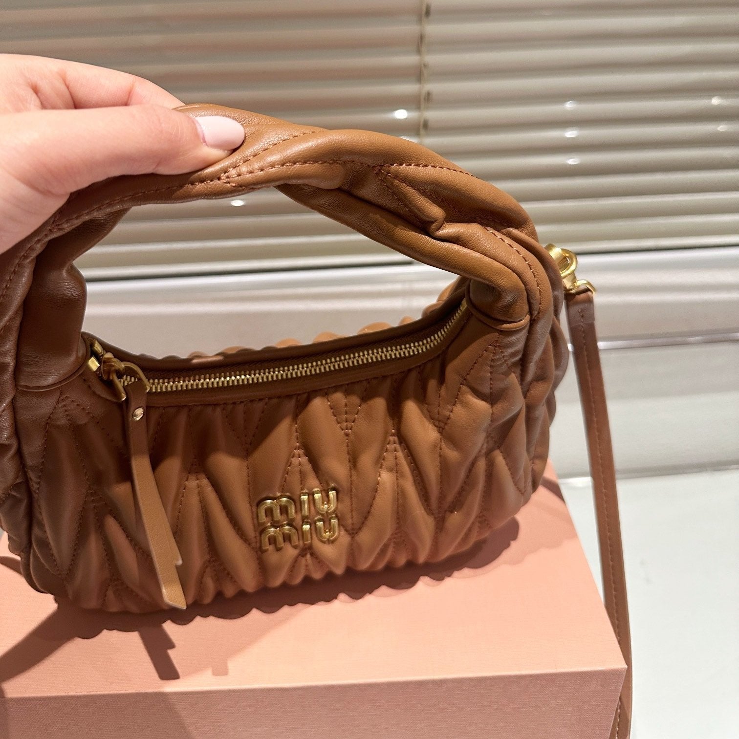 MIU MIU WANDER MATELASSÉ NAPPA HOBO BAG 23 IN CARAMEL BROWN LAMBSKIN