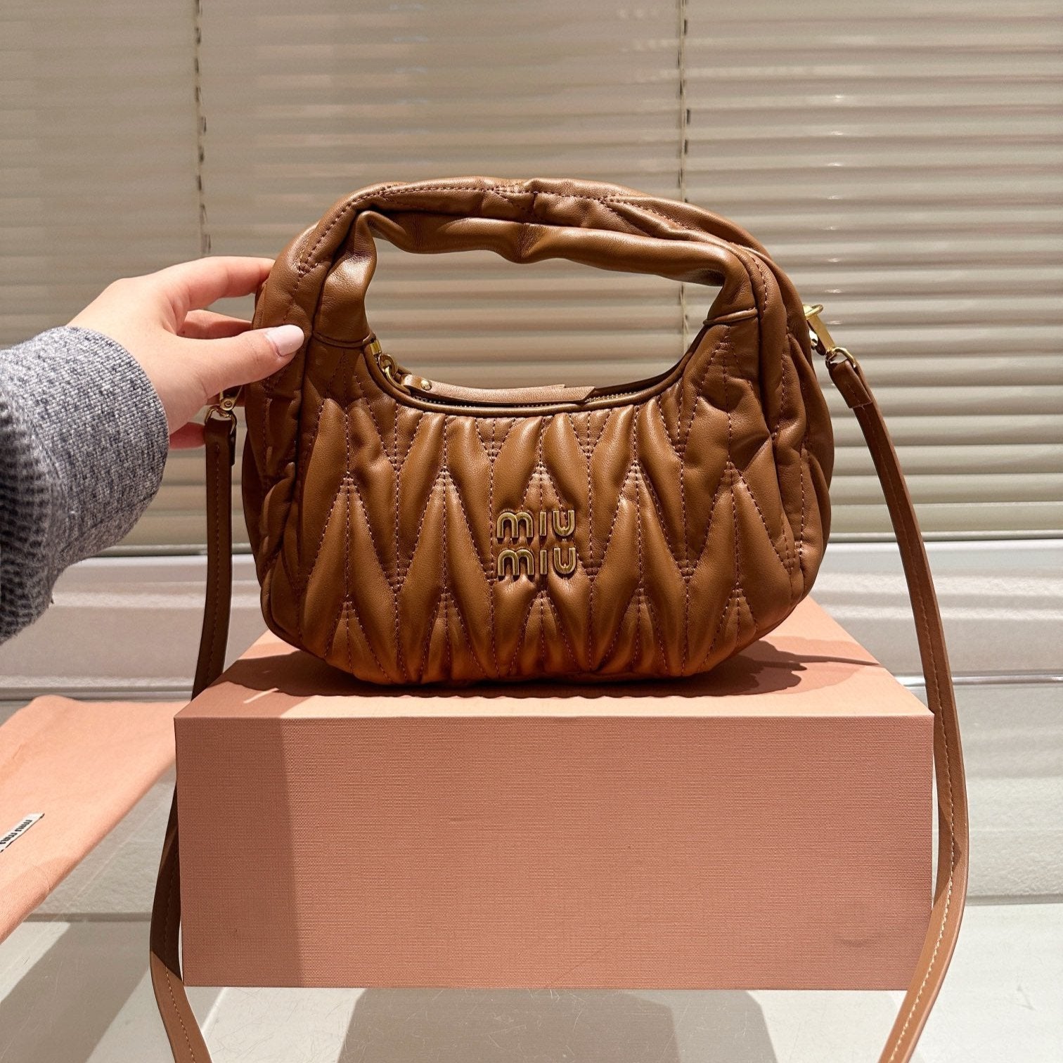 MIU MIU WANDER MATELASSÉ NAPPA HOBO BAG 23 IN CARAMEL BROWN LAMBSKIN