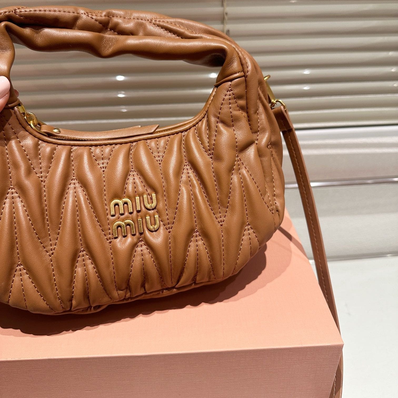 MIU MIU WANDER MATELASSÉ NAPPA HOBO BAG 23 IN CARAMEL BROWN LAMBSKIN