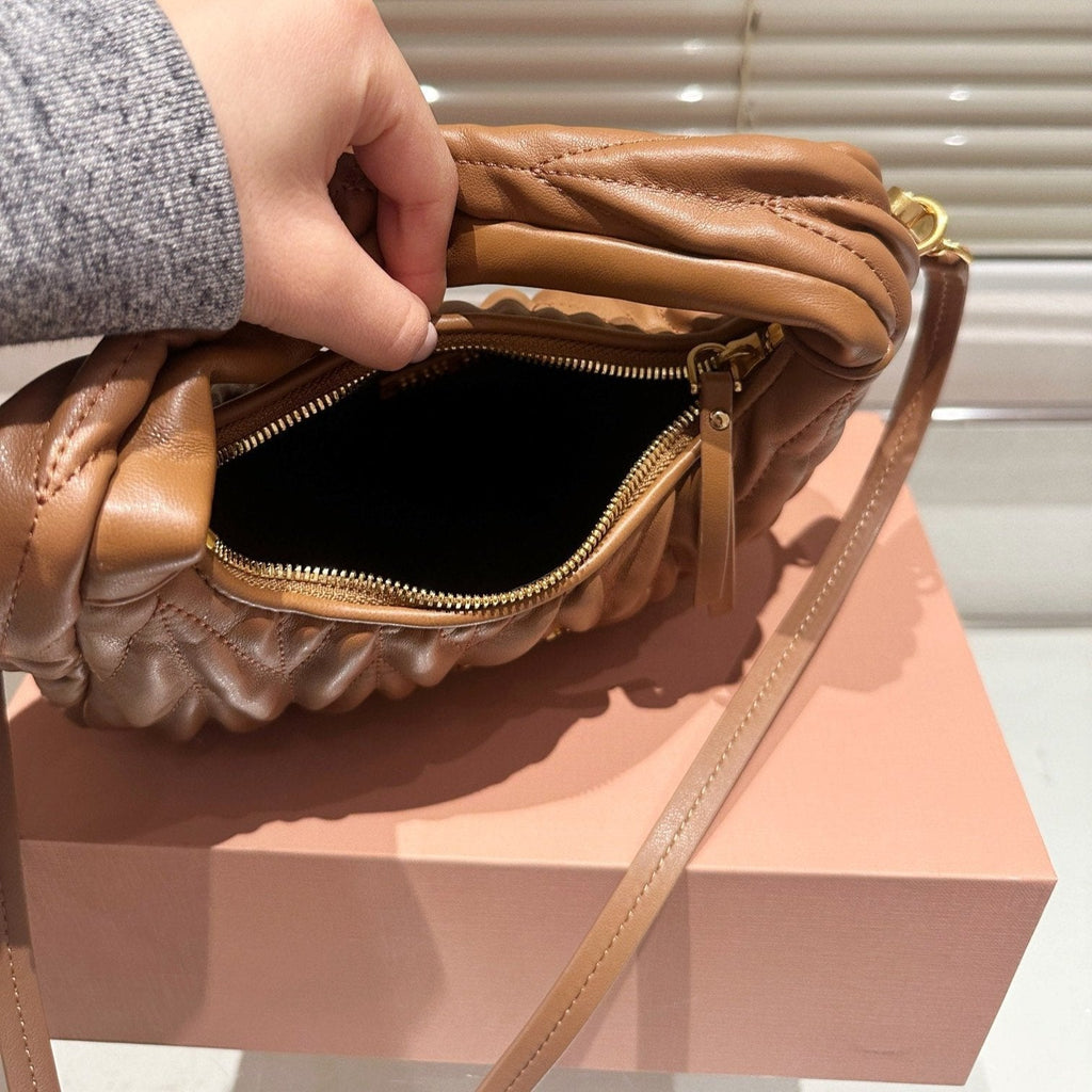 MIU MIU WANDER MATELASSÉ NAPPA HOBO BAG 23 IN CARAMEL BROWN LAMBSKIN