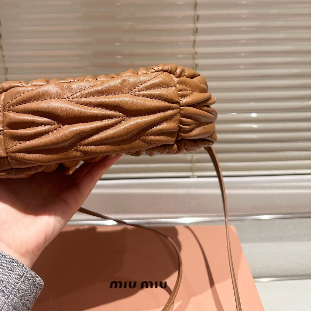 MIU MIU WANDER MATELASSÉ NAPPA HOBO BAG 23 IN CARAMEL BROWN LAMBSKIN