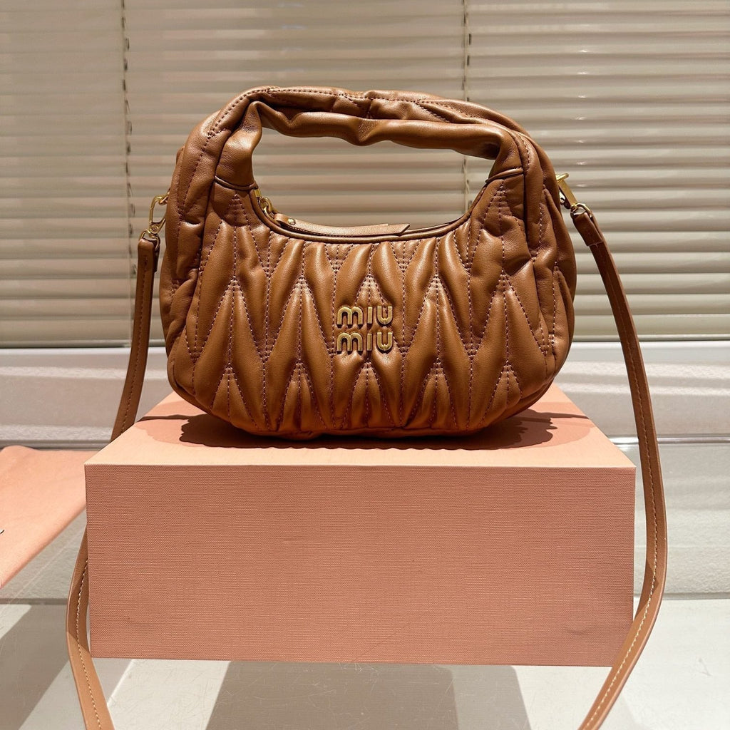 MIU MIU WANDER MATELASSÉ NAPPA HOBO BAG 23 IN CARAMEL BROWN LAMBSKIN