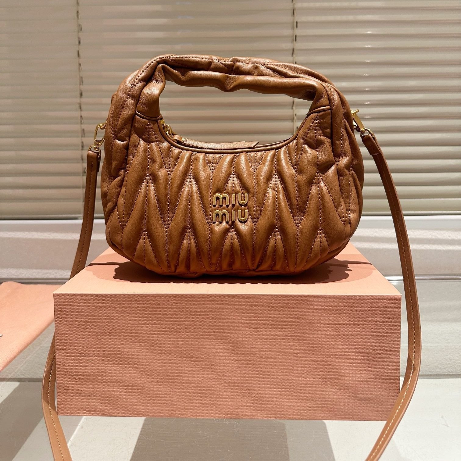 MIU MIU WANDER MATELASSÉ NAPPA HOBO BAG 23 IN CARAMEL BROWN LAMBSKIN