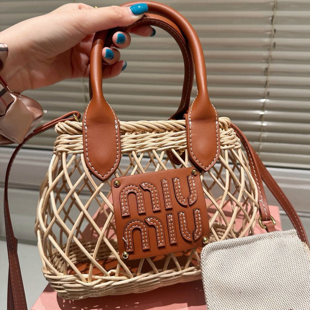 MIU MIU WOVEN HOLLOW BAG 18 IN BEIGE RATTAN AND BROWN CALFSKIN TRIM