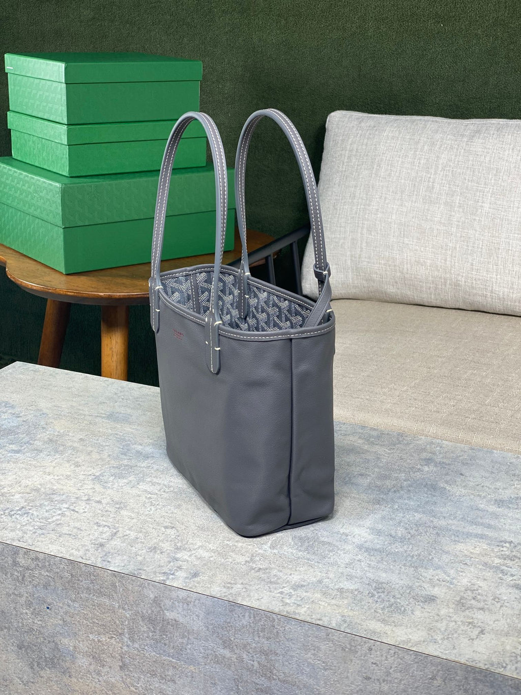GOYARD ANJOU MINI BAG 20 IN GREY GOYARDINE CANVAS AND CALFSKIN