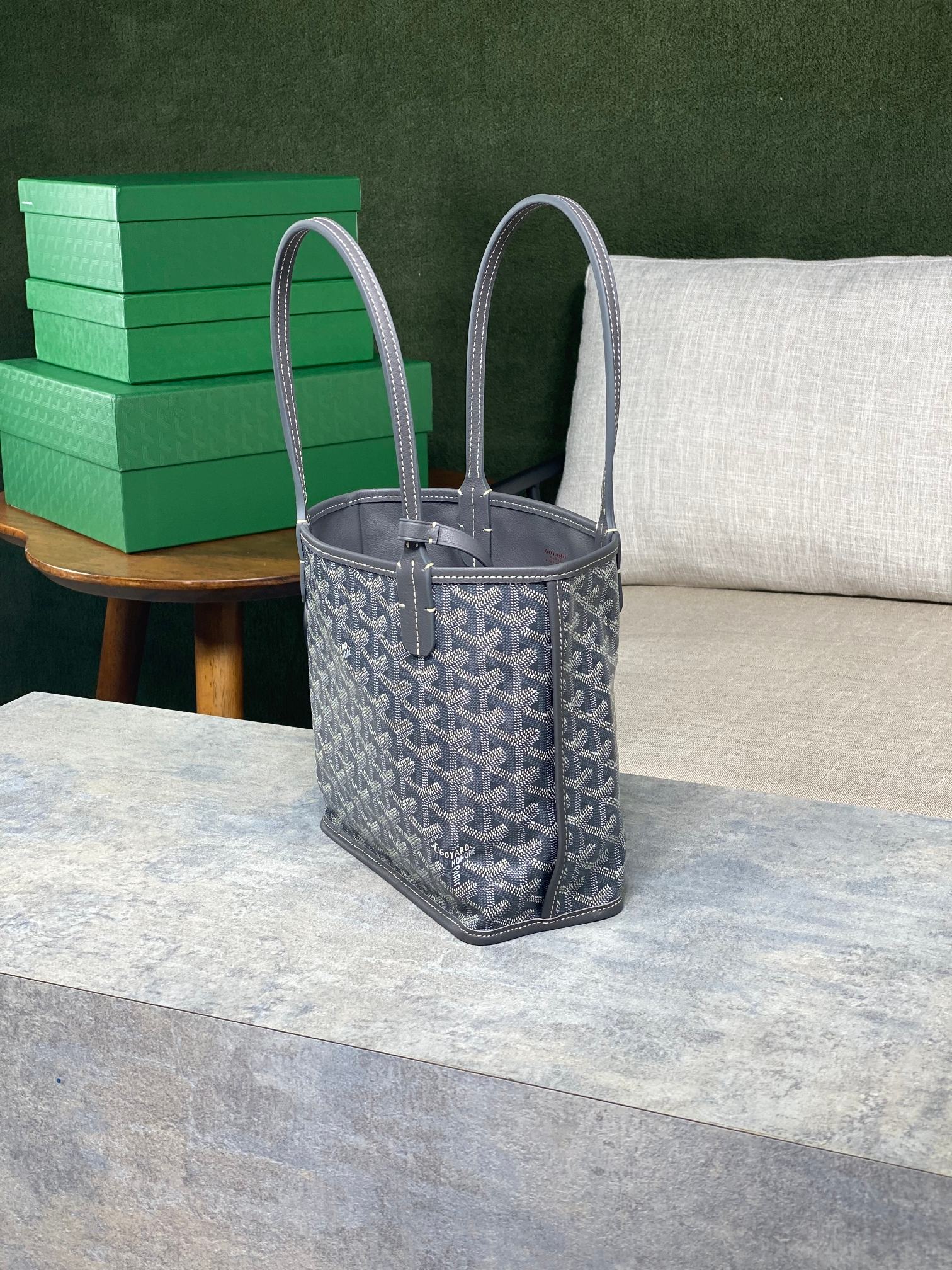 GOYARD ANJOU MINI BAG 20 IN GREY GOYARDINE CANVAS AND CALFSKIN