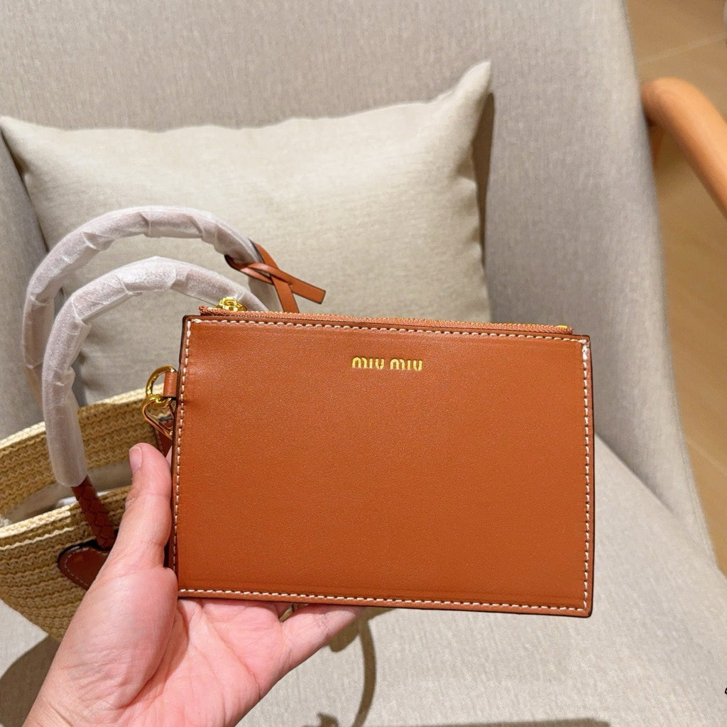 MIU MIU PALMETTO TOTE BAG 18 IN BEIGE WOVEN RAFFIA BROWN CALFSKIN TRIM