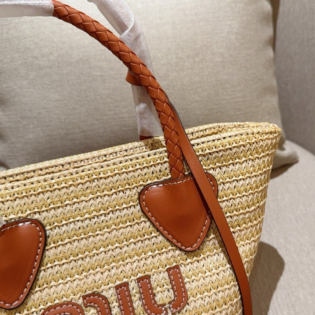 MIU MIU PALMETTO TOTE BAG 18 IN BEIGE WOVEN RAFFIA BROWN CALFSKIN TRIM