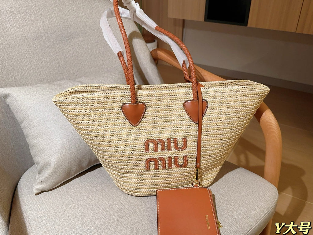 MIU MIU PALMETTO TOTE BAG 25 IN BEIGE WOVEN RAFFIA BROWN CALFSKIN TRIM