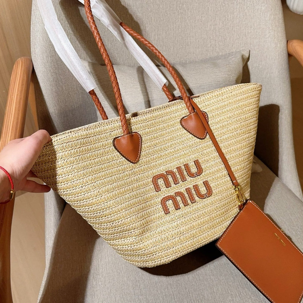 MIU MIU PALMETTO TOTE BAG 25 IN BEIGE WOVEN RAFFIA BROWN CALFSKIN TRIM