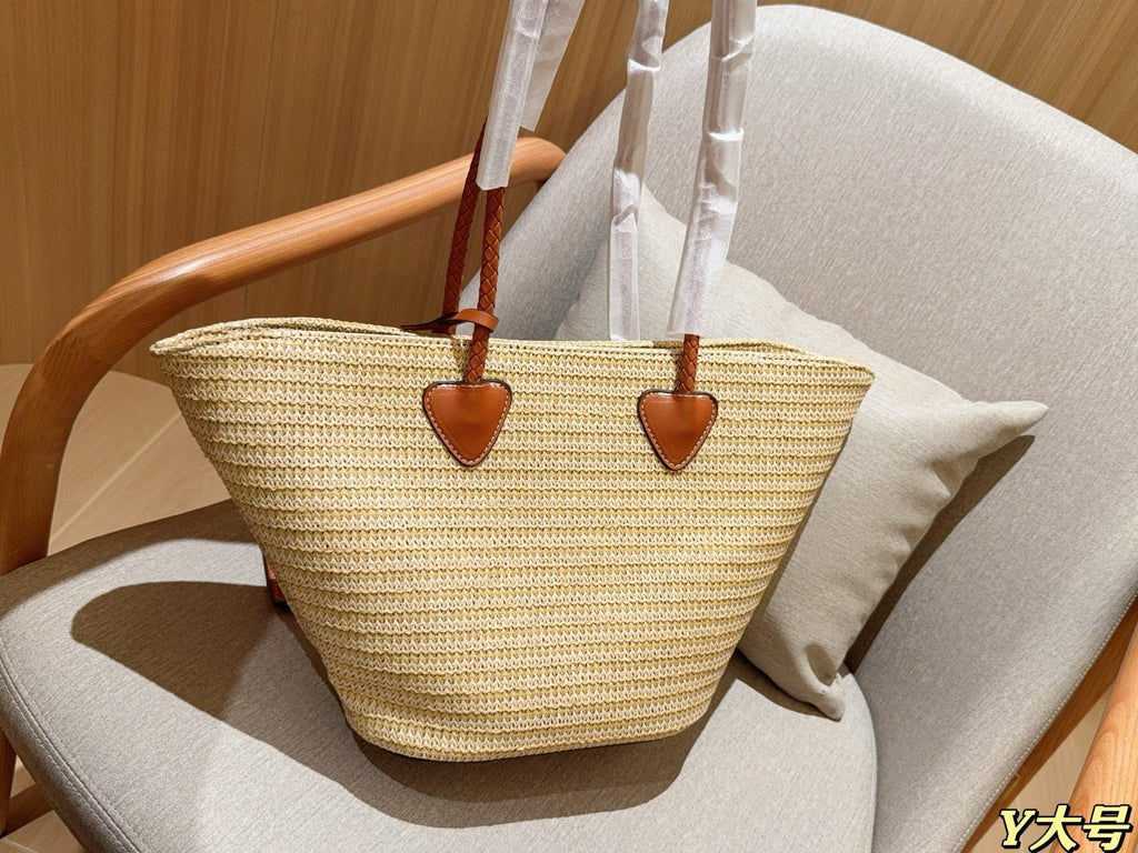 MIU MIU PALMETTO TOTE BAG 25 IN BEIGE WOVEN RAFFIA BROWN CALFSKIN TRIM