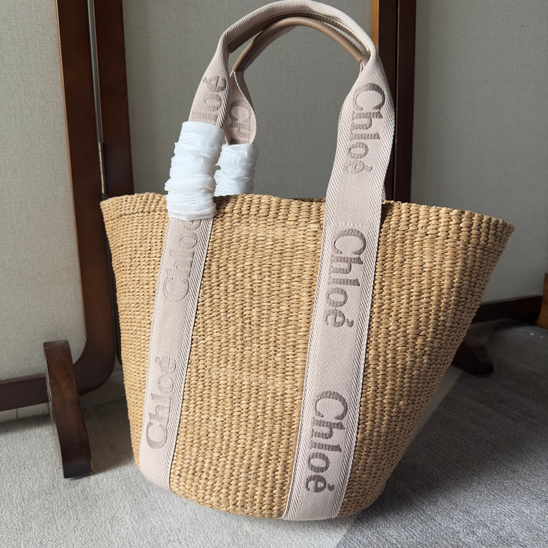 CHLOE LAGRE WOODY TOTE BAG 48 IN NATURAL FIBERS BLUSHY BEIGE WEBBING LOGO EMBROIDER BROWN CALFSKIN