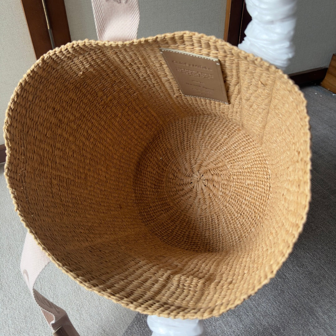 CHLOE LAGRE WOODY TOTE BAG 48 IN NATURAL FIBERS BLUSHY BEIGE WEBBING LOGO EMBROIDER BROWN CALFSKIN