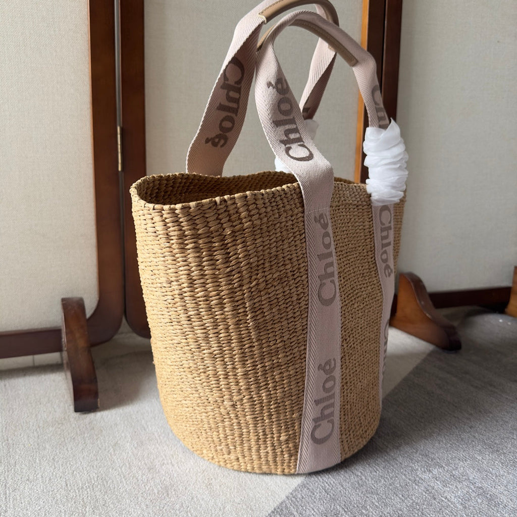 CHLOE LAGRE WOODY TOTE BAG 48 IN NATURAL FIBERS BLUSHY BEIGE WEBBING LOGO EMBROIDER BROWN CALFSKIN