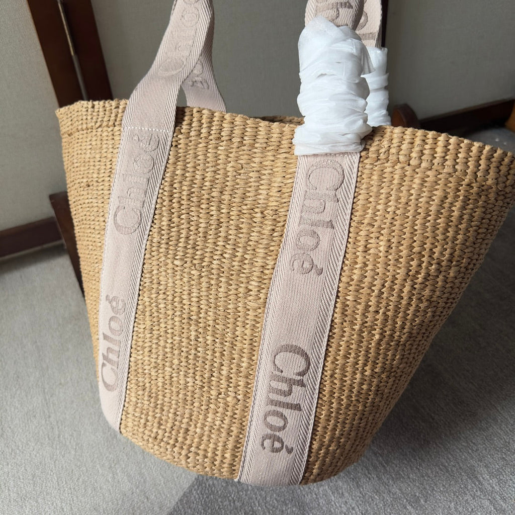 CHLOE LAGRE WOODY TOTE BAG 48 IN NATURAL FIBERS BLUSHY BEIGE WEBBING LOGO EMBROIDER BROWN CALFSKIN