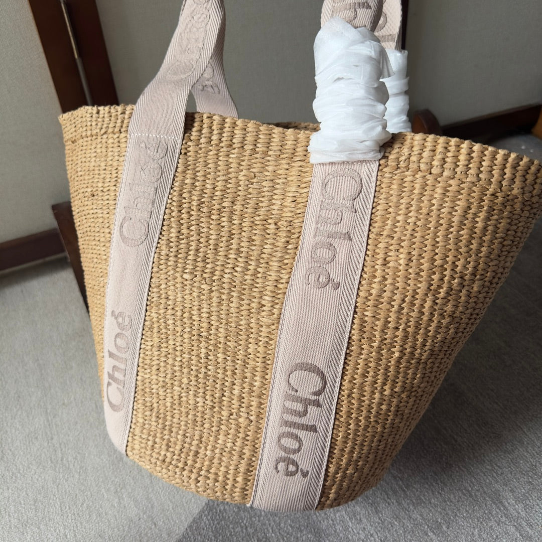 CHLOE LAGRE WOODY TOTE BAG 48 IN NATURAL FIBERS BLUSHY BEIGE WEBBING LOGO EMBROIDER BROWN CALFSKIN