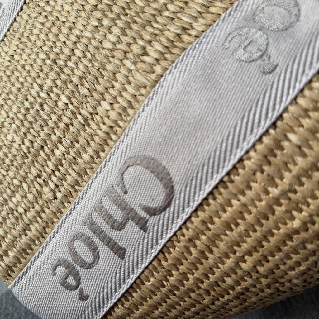 CHLOE LAGRE WOODY TOTE BAG 48 IN NATURAL FIBERS BLUSHY BEIGE WEBBING LOGO EMBROIDER BROWN CALFSKIN