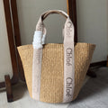 CHLOE LAGRE WOODY TOTE BAG 48 IN NATURAL FIBERS BLUSHY BEIGE WEBBING LOGO EMBROIDER BROWN CALFSKIN
