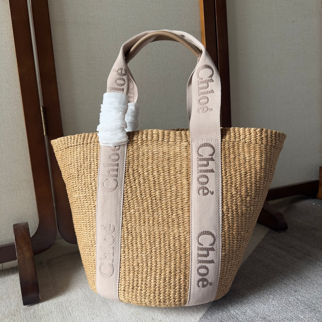 CHLOE LAGRE WOODY TOTE BAG 48 IN NATURAL FIBERS BLUSHY BEIGE WEBBING LOGO EMBROIDER BROWN CALFSKIN