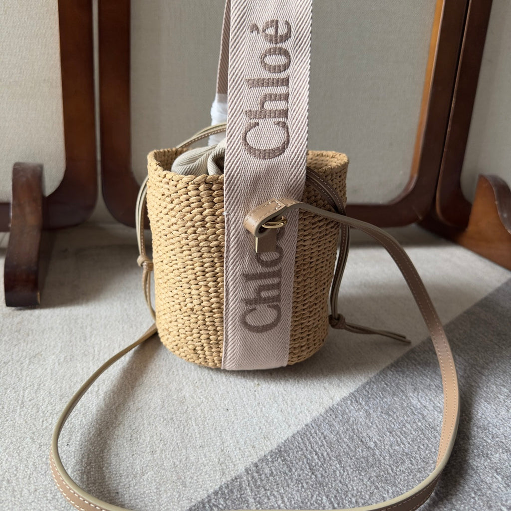 CHLOE SMALL WOODY BASKET 17 IN NATURAL FIBERS BLUSHY BEIGE WEBBING BROWN CALFSKIN