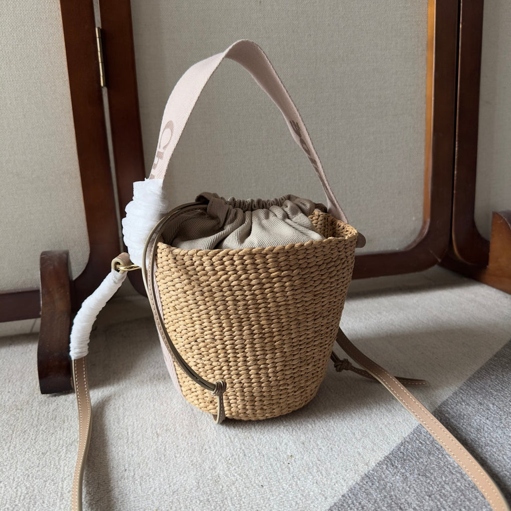 CHLOE SMALL WOODY BASKET 17 IN NATURAL FIBERS BLUSHY BEIGE WEBBING BROWN CALFSKIN