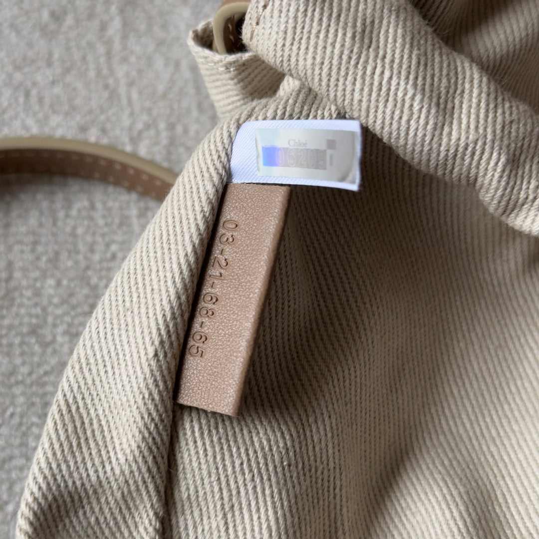 CHLOE SMALL WOODY BASKET 17 IN NATURAL FIBERS BLUSHY BEIGE WEBBING BROWN CALFSKIN