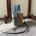 CHLOE SMALL WOODY BASKET 17 IN NATURAL FIBERS BLUE DENIM BLACK CALFSKIN