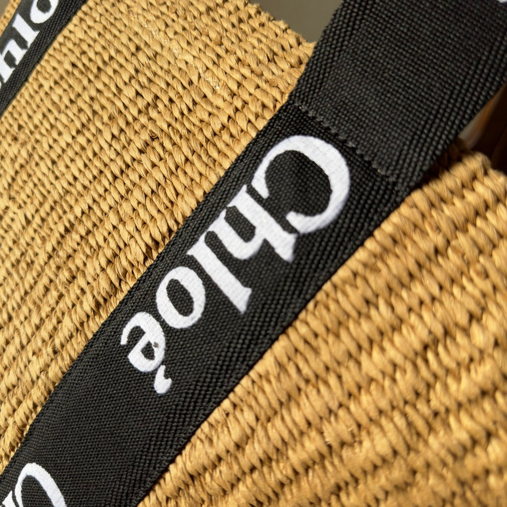 CHLOE LAGRE WOODY TOTE BAG 48 IN NATURAL FIBERS BLACK WEBBING LOGO EMBROIDER BROWN CALFSKIN