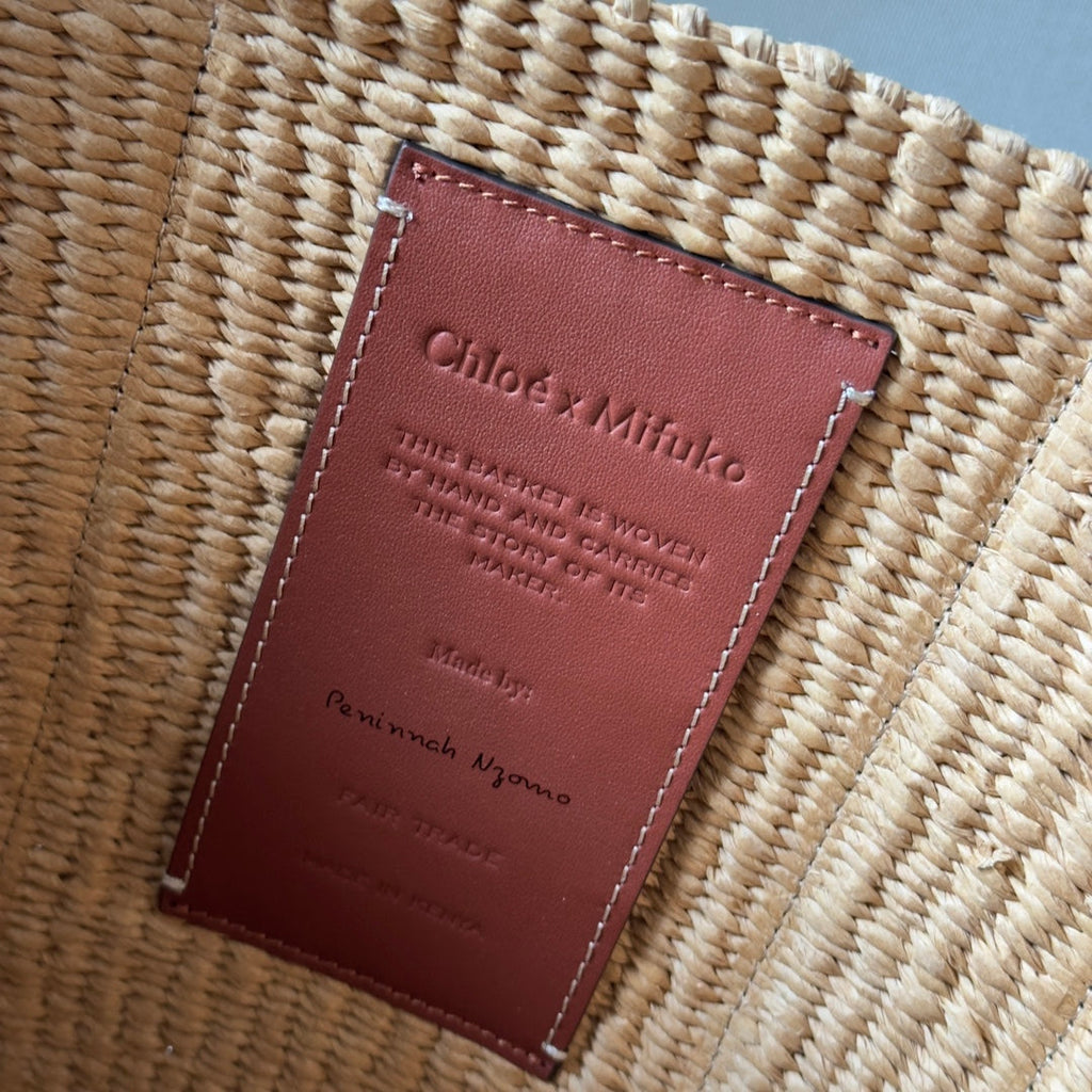 CHLOE LAGRE WOODY TOTE BAG 48 IN NATURAL FIBERS BLACK WEBBING LOGO EMBROIDER BROWN CALFSKIN