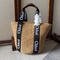CHLOE LAGRE WOODY TOTE BAG 48 IN NATURAL FIBERS BLACK WEBBING LOGO EMBROIDER BROWN CALFSKIN