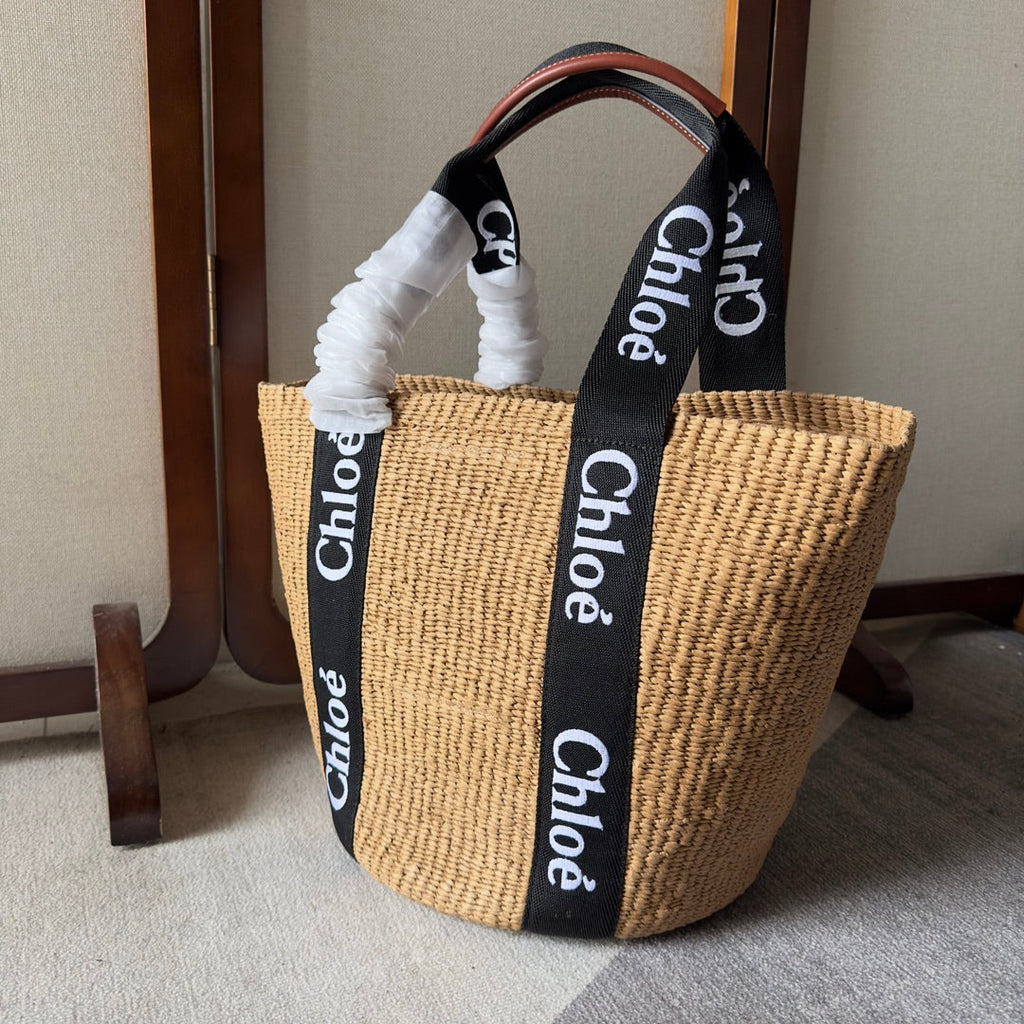 CHLOE LAGRE WOODY TOTE BAG 48 IN NATURAL FIBERS BLACK WEBBING LOGO EMBROIDER BROWN CALFSKIN
