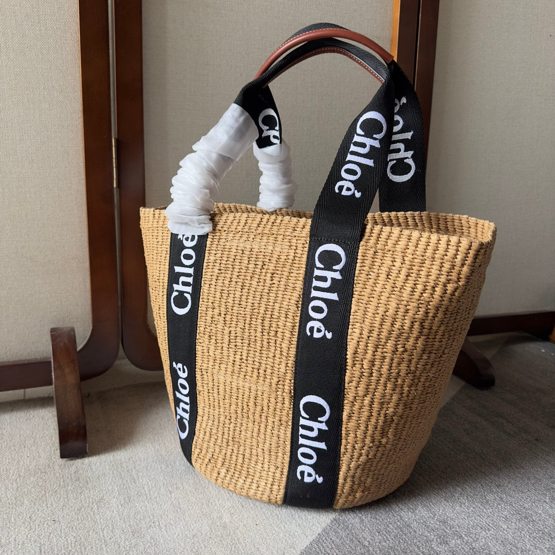 CHLOE LAGRE WOODY TOTE BAG 48 IN NATURAL FIBERS BLACK WEBBING LOGO EMBROIDER BROWN CALFSKIN