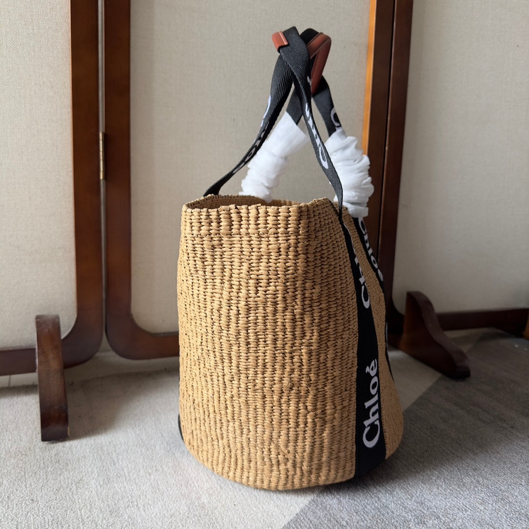 CHLOE LAGRE WOODY TOTE BAG 48 IN NATURAL FIBERS BLACK WEBBING LOGO EMBROIDER BROWN CALFSKIN